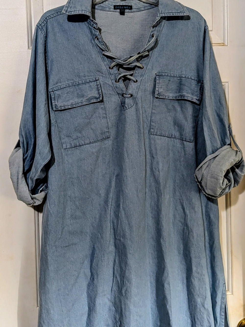 Light Blue Denim Lace-Up Midi Dress with Roll-Tab Sleeves
